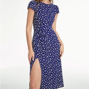 Commense Light Petal Cap Sleeve Side Ruche Midi Slit Dress Blue